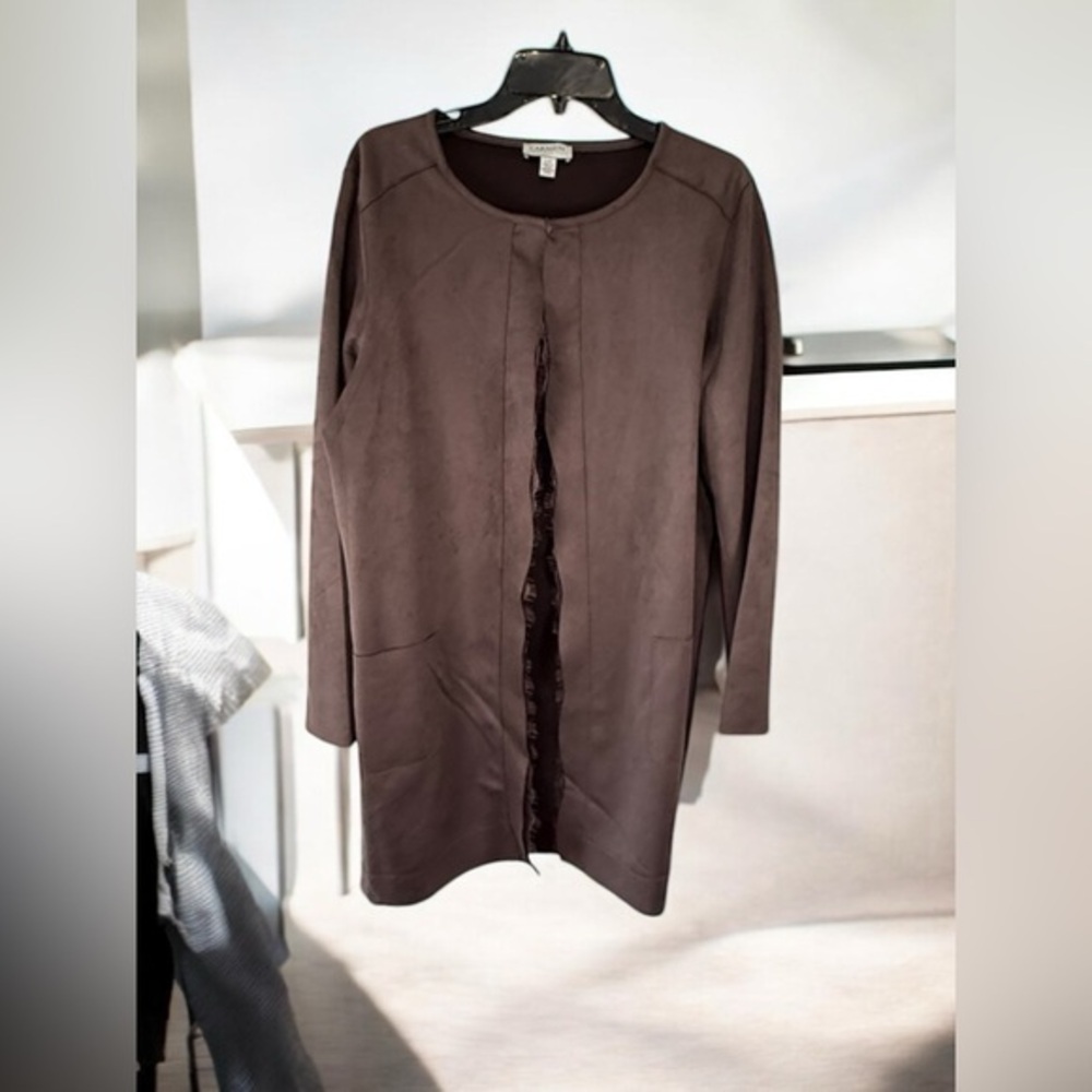 Carmen Marc Valvo Faux Suede Open Front Jacket Brown, Size Large blazer